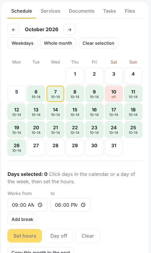 A specialist's day-by-day schedule with breaks