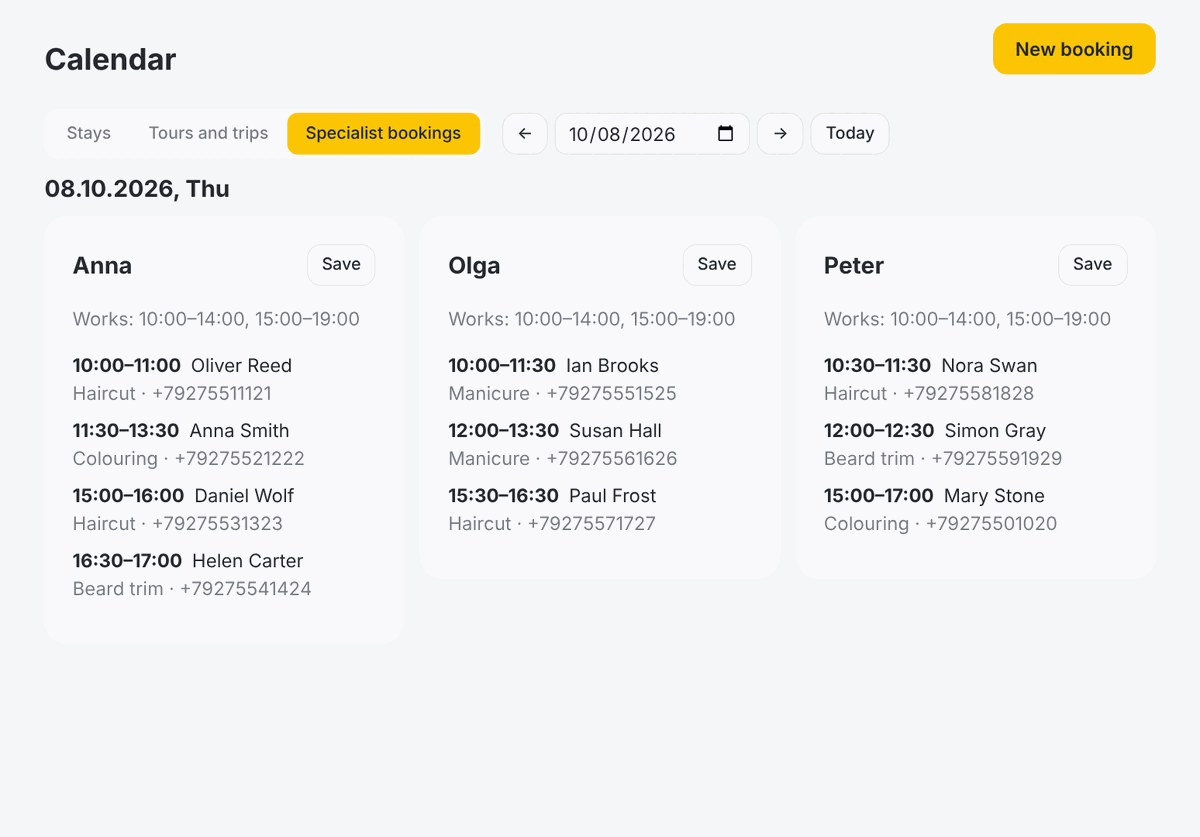Calendar: who is booked, when and with whom. Car workshops, tyre fitting, detailing