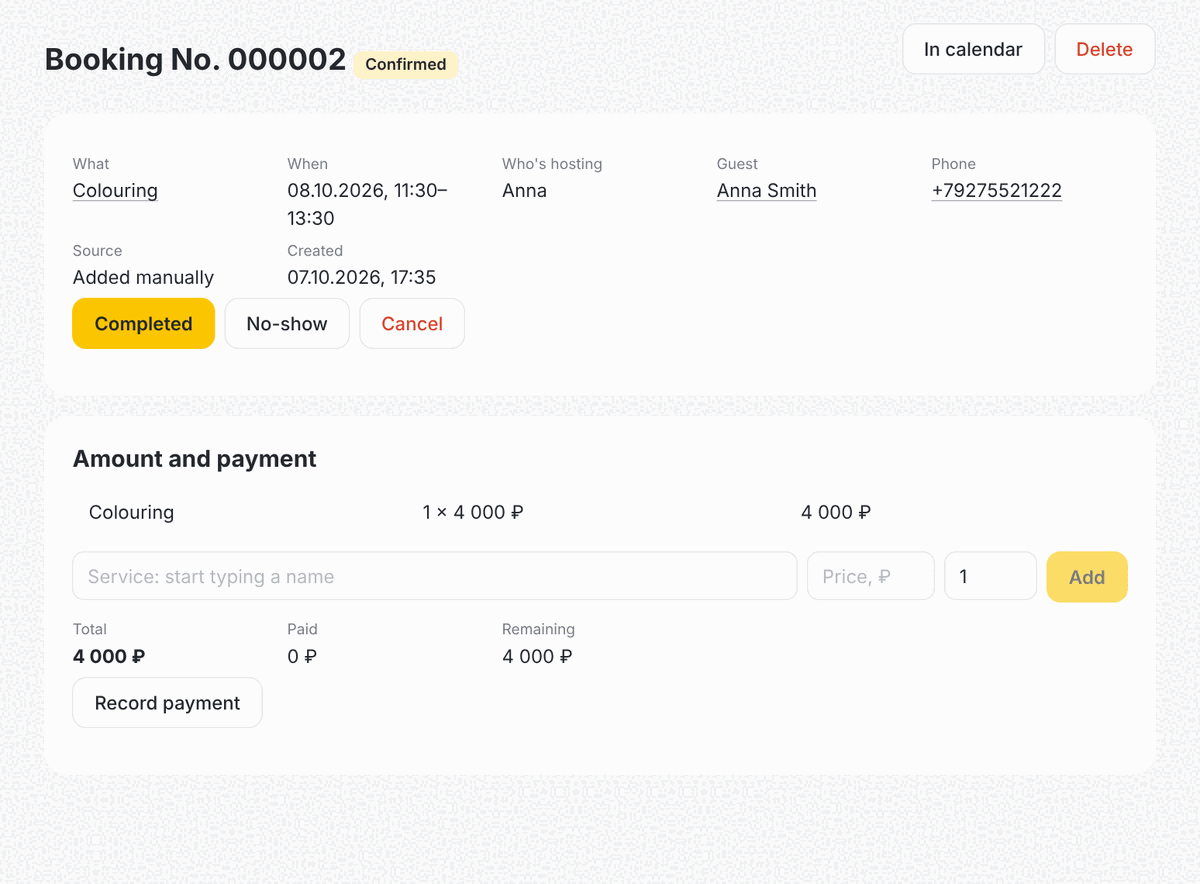 Booking card: services, total, payment. Car workshops, tyre fitting, detailing