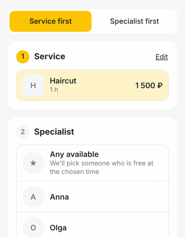 Booking form on the client's phone: service and specialist. Nail technicians and nail studios