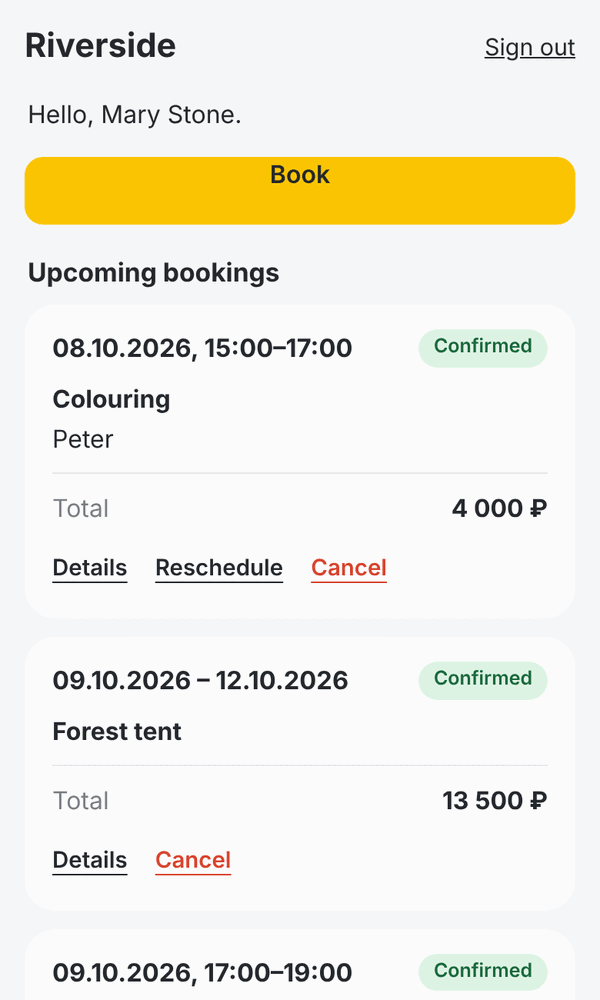 Client account: reschedule, cancel, book again. Nail technicians and nail studios