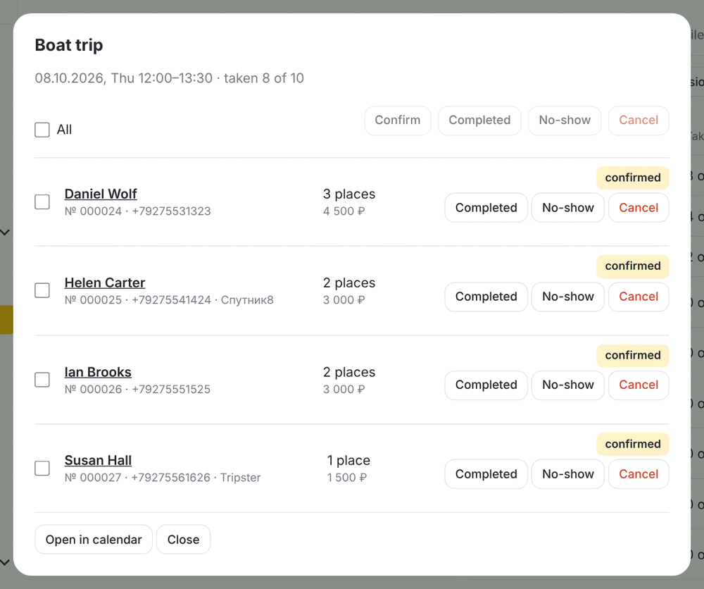 Bookings of one session: status changes with one button. Tours and guides