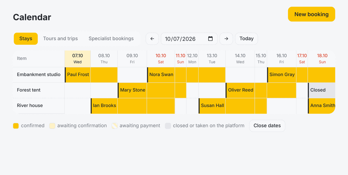 Occupancy calendar by property. Guest houses and small hotels