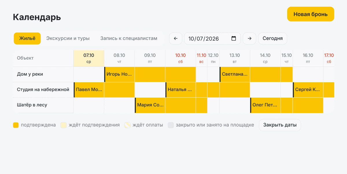Календарь занятости по объектам. Квартиры посуточно